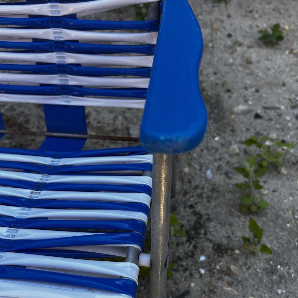 Vintage Kids Blue and White Vinyl Tube Folding Beach Lawn Chair